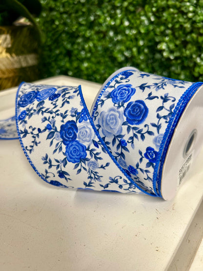 2.5 Inch By 10 Yard Blue Mini Roses Ribbon