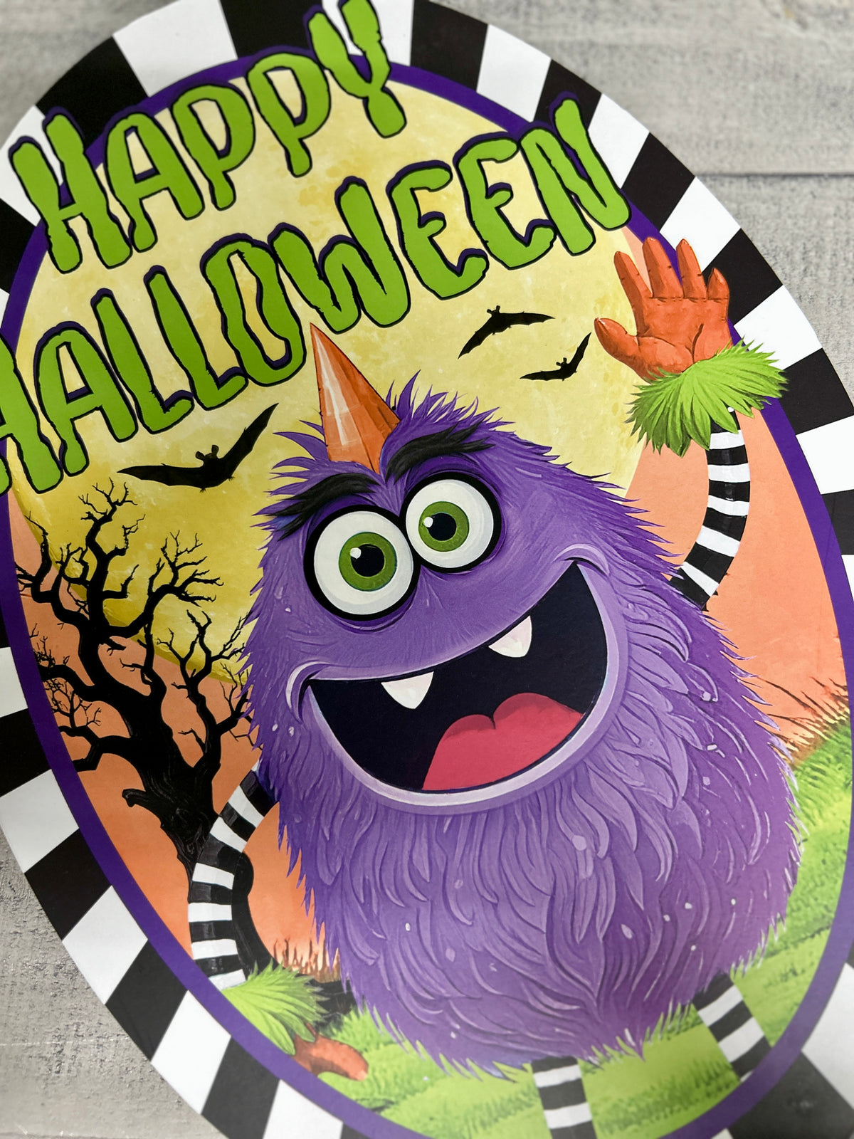 13 Inch Oval Happy Halloween Monster Wood Sign