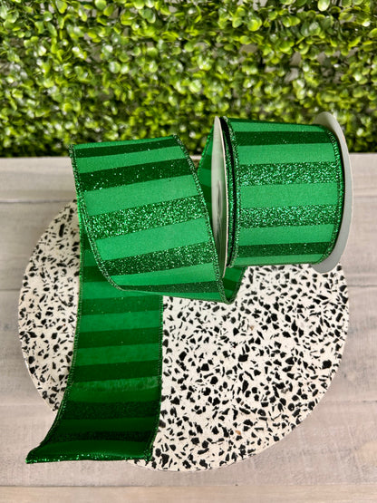 2.5 Inch By 10 Yard Emerald Green Horizontal Glitter Stripes Ribbon