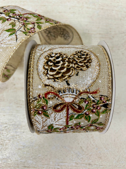 2.5 Inch By 10 Yard Red Berry Branch With Acorn Ornament With Burlap Background And Gold Glitter Edging