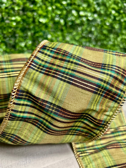 4 Inch By 10 Yard Green Metallic Plaid Ribbon