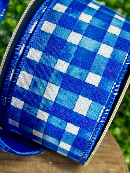 2.5 Inch By 10 Yard Royal Blue Watercolor Check Deluxe Dupioni Backed Wired Edge Ribbon