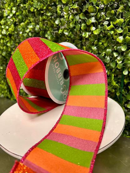2.5 Inch By 10 Yard Hot Pink Orange And Lime Horizontal Glitter Stripes Ribbon