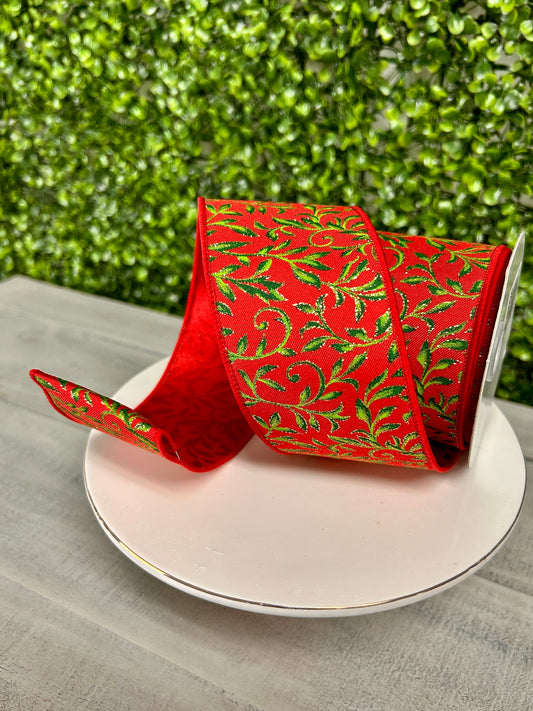 2.5 Inch By 10 Yard Red Green And Gold Tonal Leaves Ribbon