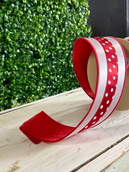 2.5 Inch By 10 Yard Red And White Polka Dot Fused Ribbon