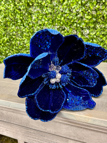 22 Inch Royal Blue Glitter Sequin Bead Magnolia Stem