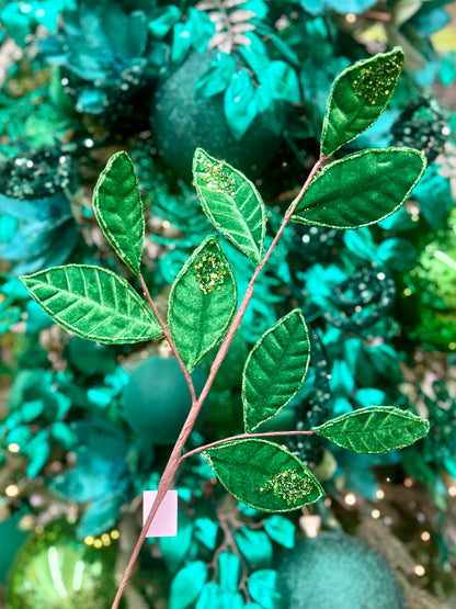 27 Inch Emerald Green Velvet And Glitter Magnolia Leaf Spray