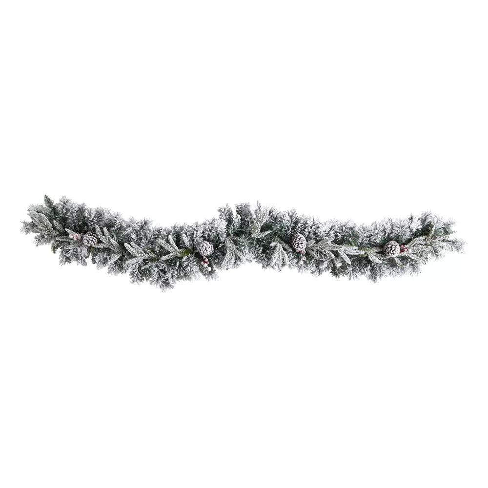 Nearly Natural 6' Pre-lit LED Flocked Mixed Greenery with Pinecones Artificial Christmas Garland Green with Warm White Lights Open Box