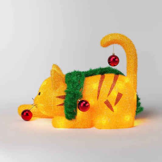 Wondershop 17.5 Inch Incandescent Orange Tinsel Cat Christmas Novelty Sculpture Light Clear
