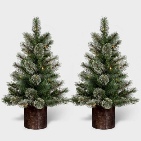 Wondershop 2pc 3' Pre-Lit Virginia Pine Potted Mini Artificial Christmas Tree Clear Lights Open Box