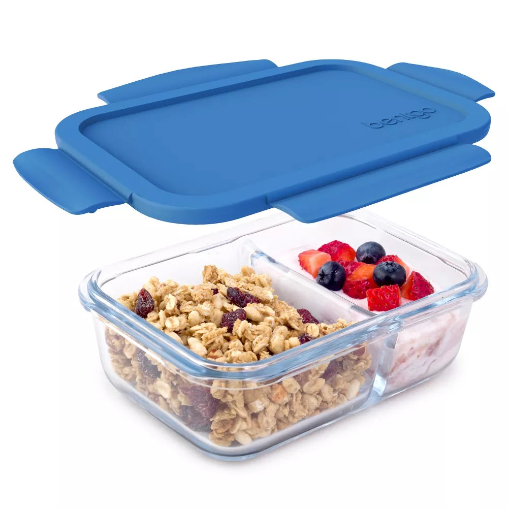 Bentgo 14.2oz Glass Snack Container with Blue Plastic Lid