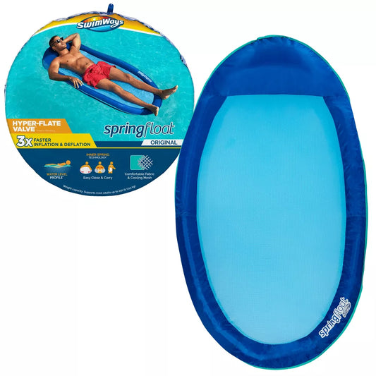SwimWays Spring Float Inflatable Pool Lounger with Hyper-Flate Valve Blue