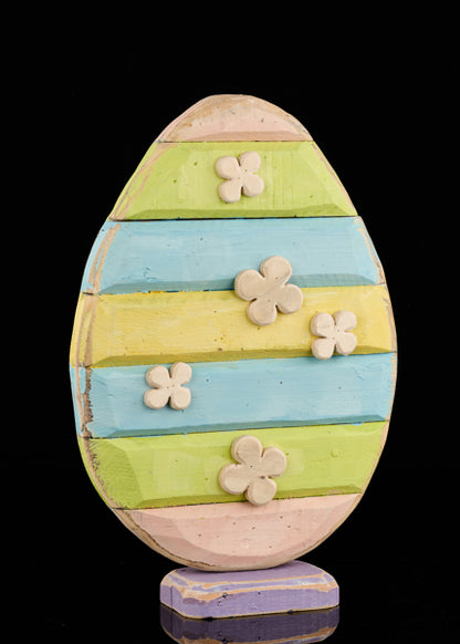 24 Inch Wood Grooved Egg With Flowers