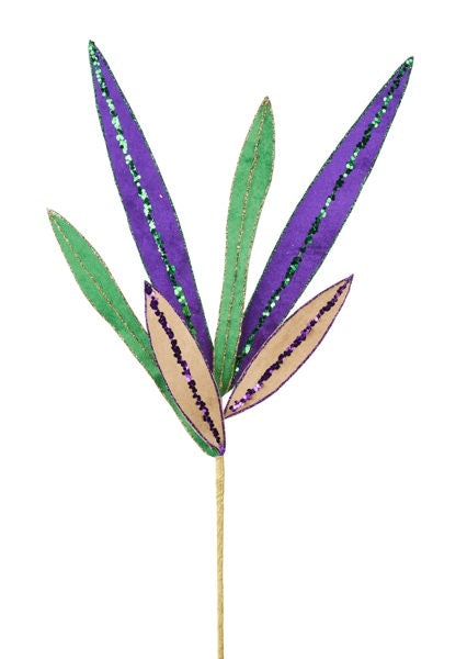 22 Inch Mardi Gras Glitter Velvet Leaf Spray