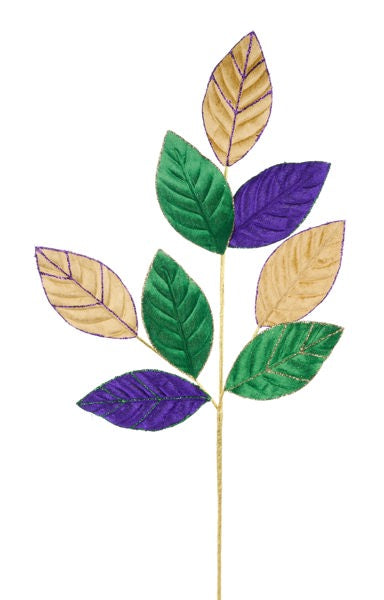 27 Inch Mardi Gras Velvet Glitter Leaf Spray