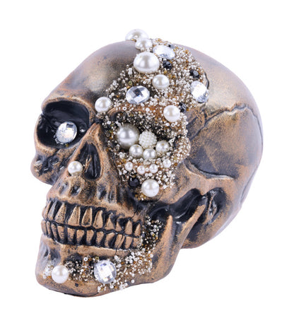 8 Inch Antique Gold Skull With Beads And Glitter