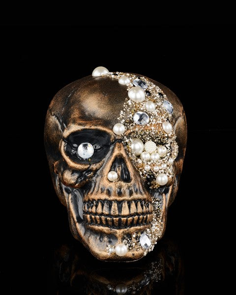 8 Inch Antique Gold Skull With Beads And Glitter