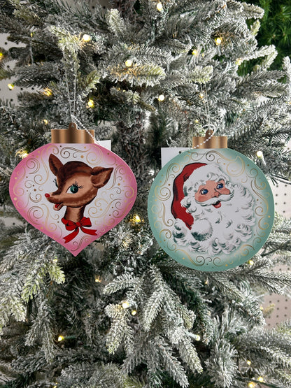 5.5 Inch Double Sided Retro Santa And Deer Ornament Two Styles