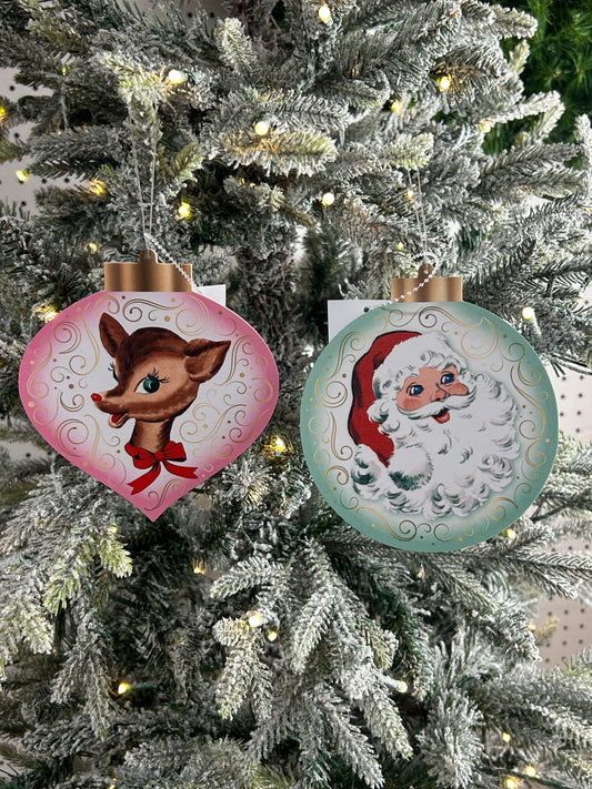 5.5 Inch Double Sided Retro Santa And Deer Ornament Two Styles
