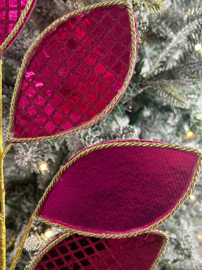 28 Inch Fuchsia And Gold Square Sequin Glitter Leaf Spray
