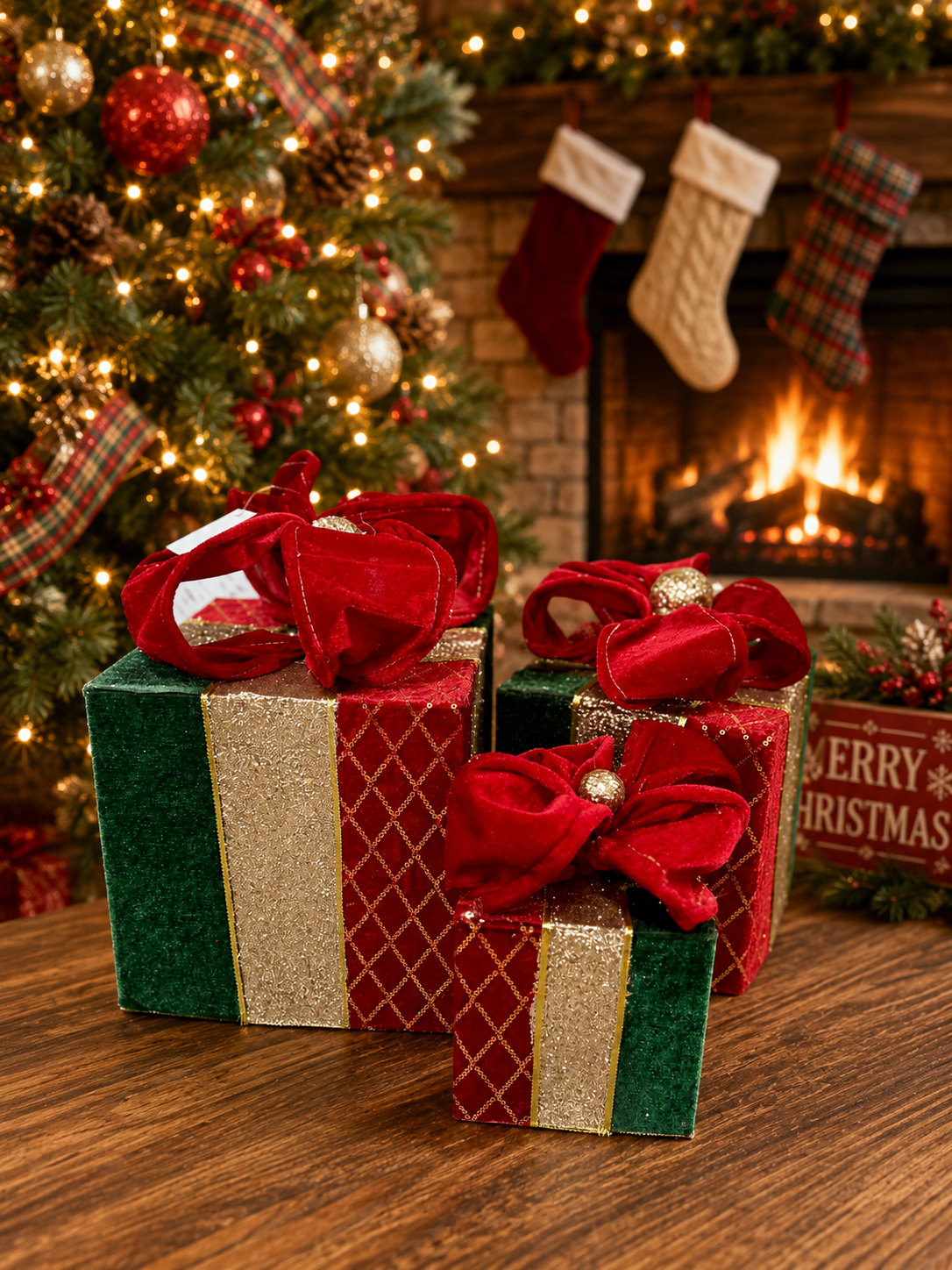 Fabric Velvet Red And Green Gift Box Three Assorted