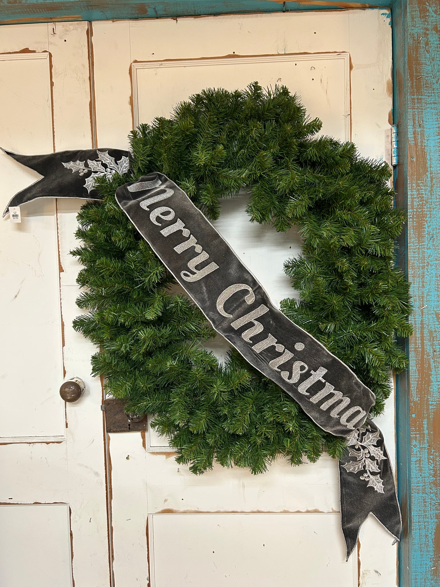 6 Inch By 70 Yard Grey Velvet Embroidery Jeweled Merry Christmas Banner