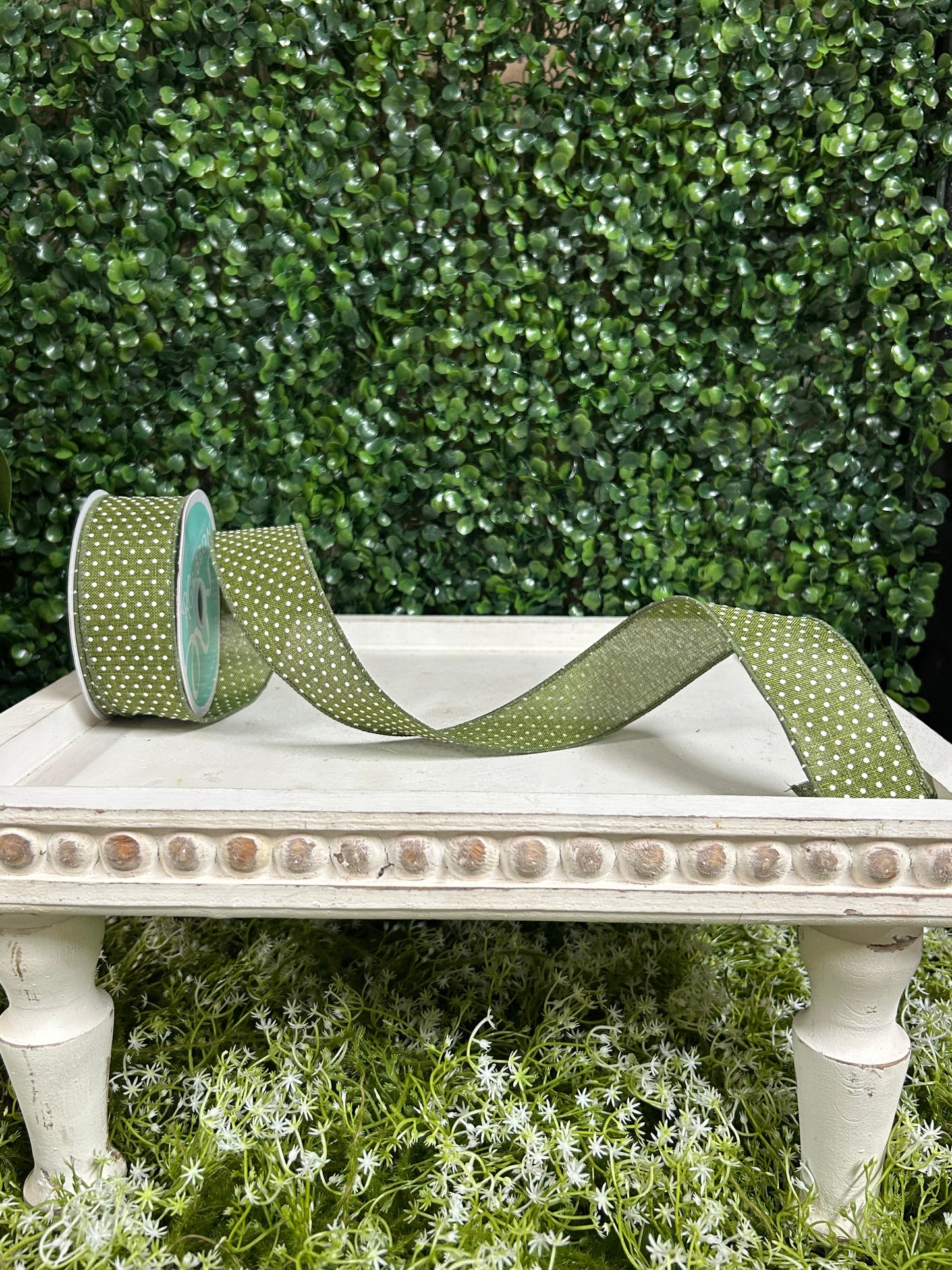 1.5 Inch By 10 Yard Moss Green And White Raised Swiss Dots Ob Royal Ribbon