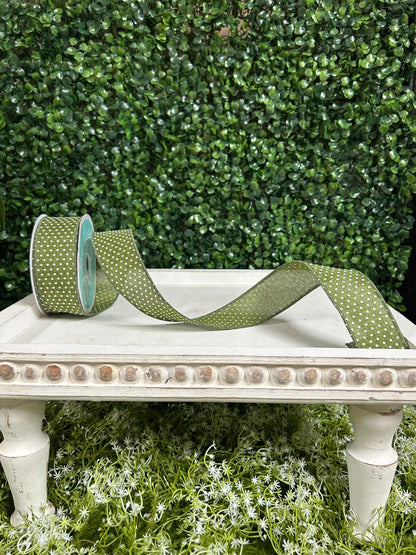 1.5 Inch By 10 Yard Moss Green And White Raised Swiss Dots Ob Royal Ribbon