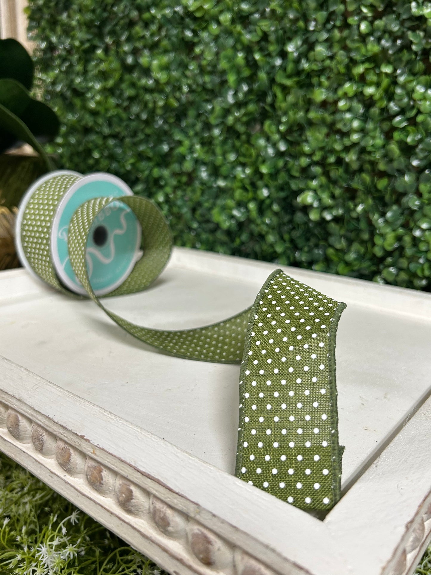 1.5 Inch By 10 Yard Moss Green And White Raised Swiss Dots Ob Royal Ribbon