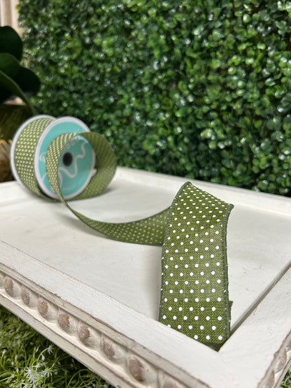 1.5 Inch By 10 Yard Moss Green And White Raised Swiss Dots Ob Royal Ribbon