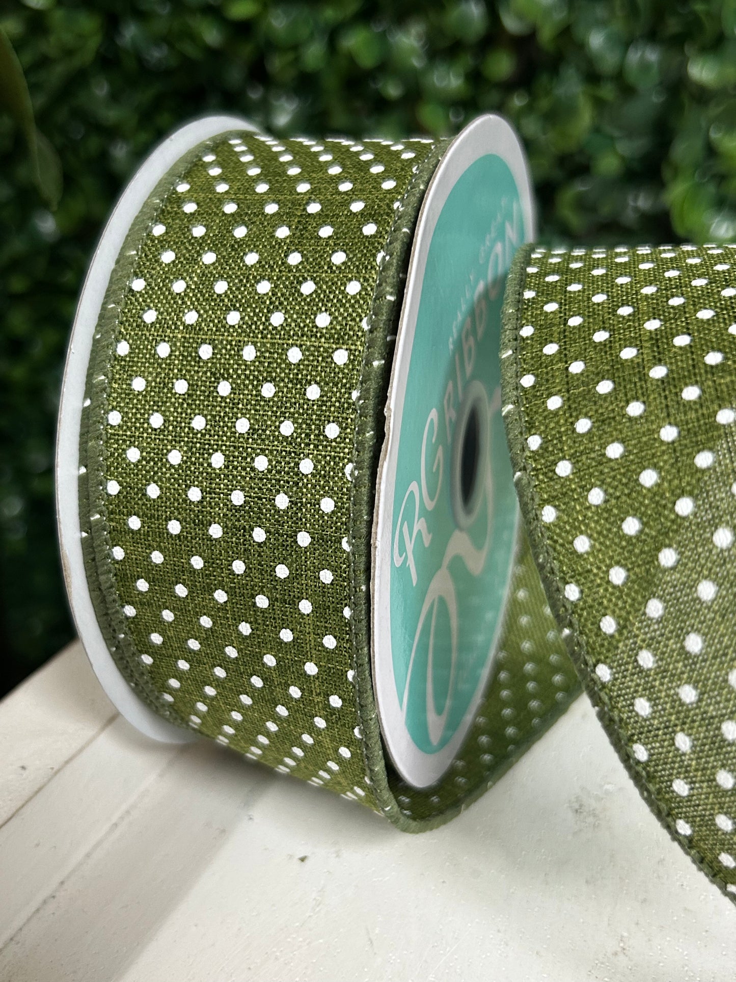 1.5 Inch By 10 Yard Moss Green And White Raised Swiss Dots Ob Royal Ribbon