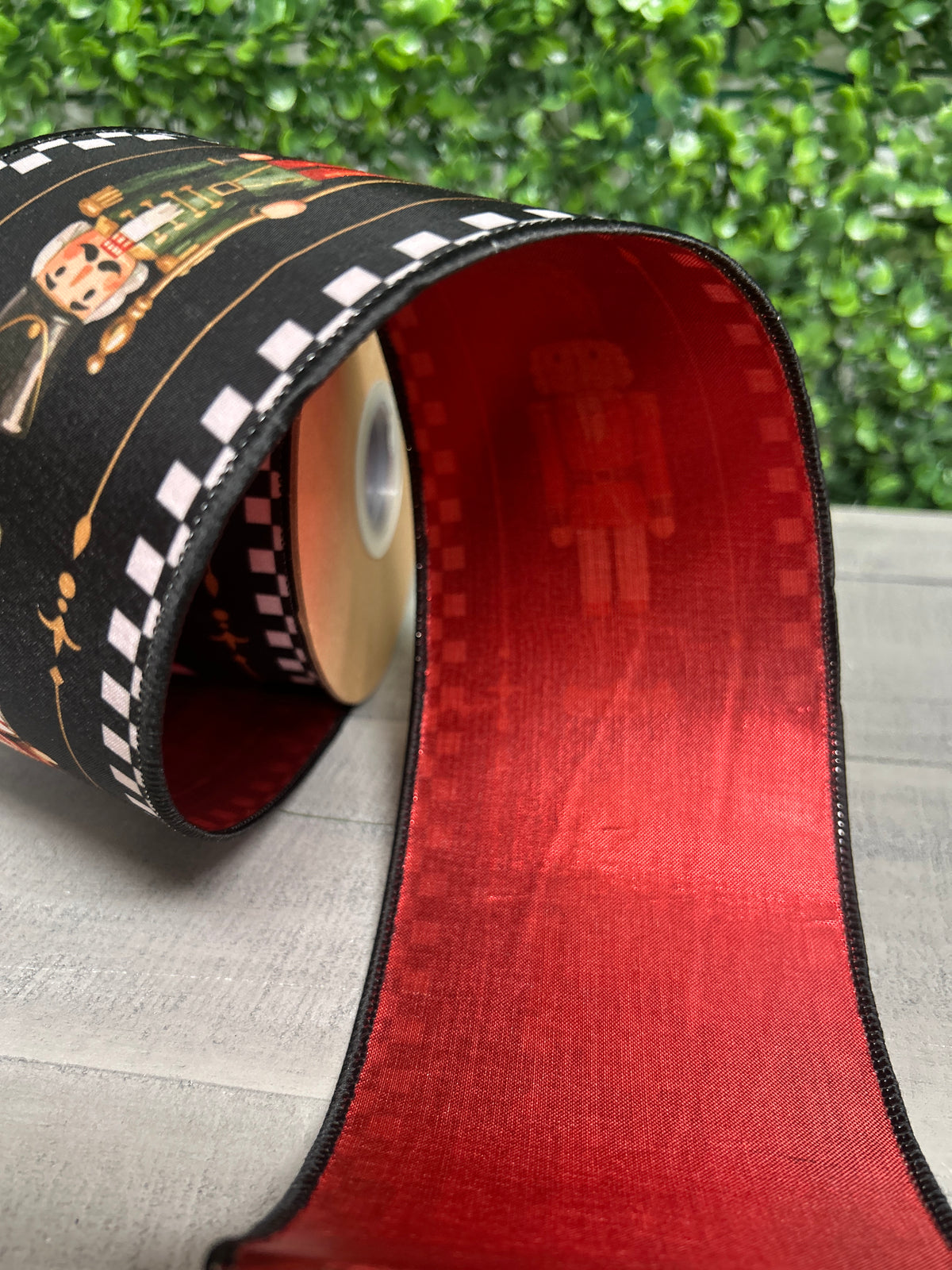 4 Inch By 10 Yard Black White Check Nutcracker With Red Backing Ribbon