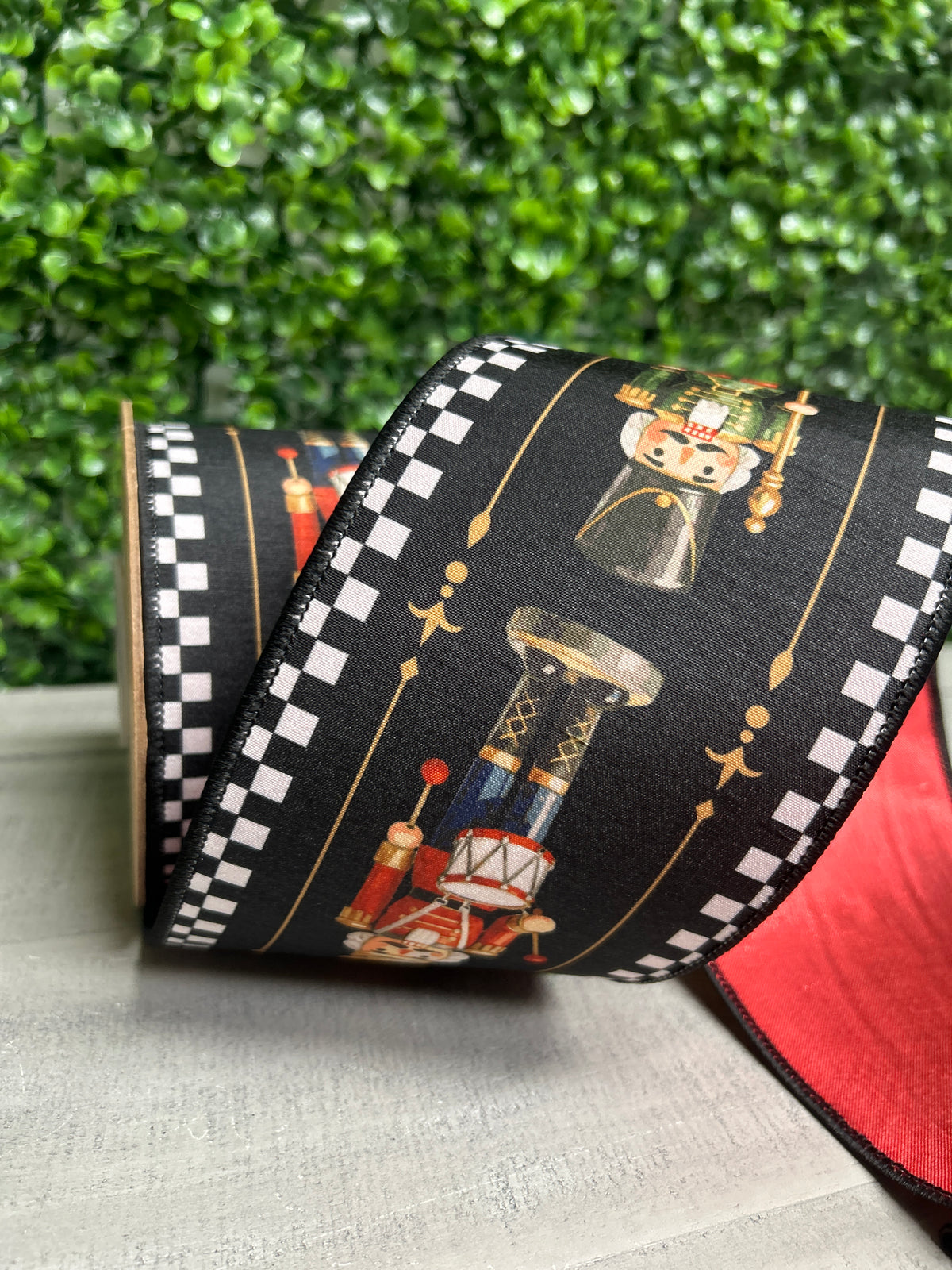 4 Inch By 10 Yard Black White Check Nutcracker With Red Backing Ribbon