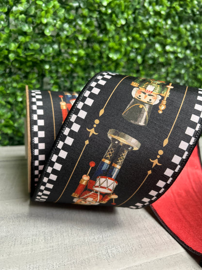 4 Inch By 10 Yard Black White Check Nutcracker With Red Backing Ribbon