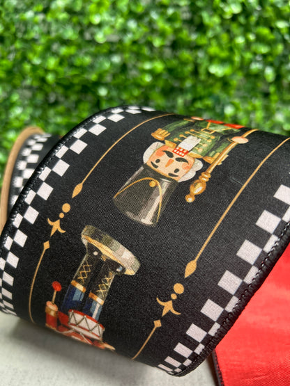 4 Inch By 10 Yard Black White Check Nutcracker With Red Backing Ribbon
