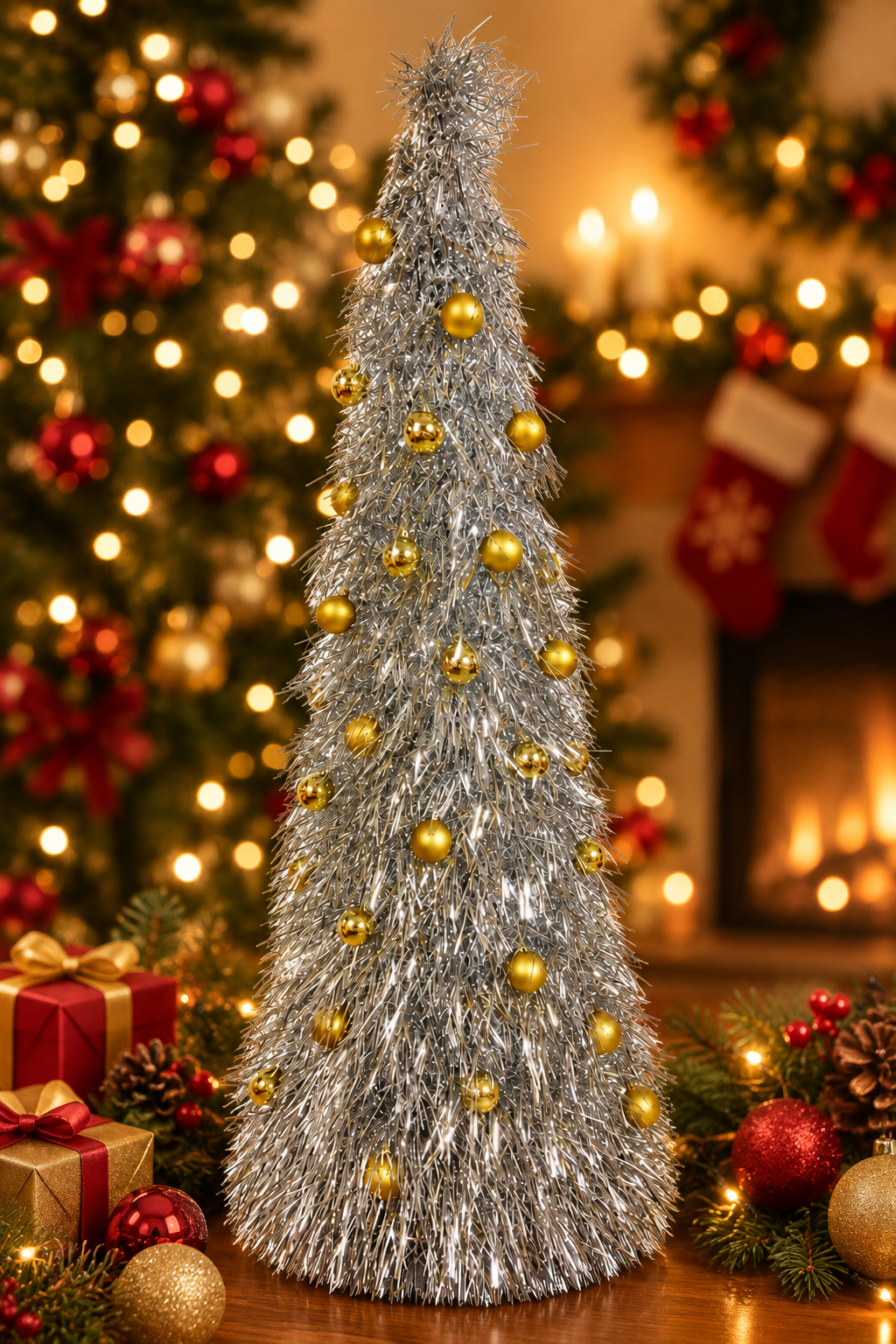 6 Foot Silver Shaggy Tinsel Pop Up Tree