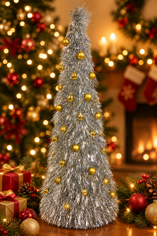 6 Foot Silver Shaggy Tinsel Pop Up Tree