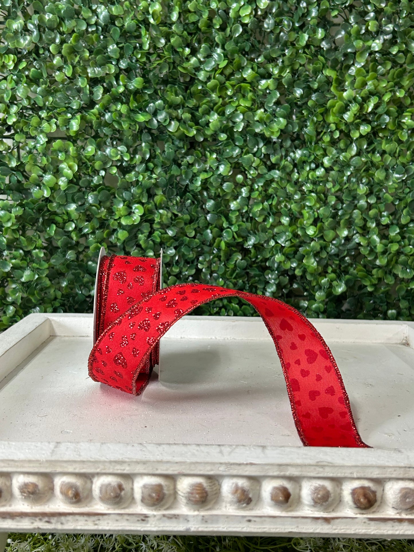 1.5 Inch By 10 Yard Red Glitter Mini Heart Ribbon