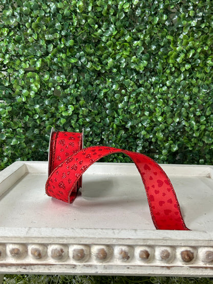 1.5 Inch By 10 Yard Red Glitter Mini Heart Ribbon