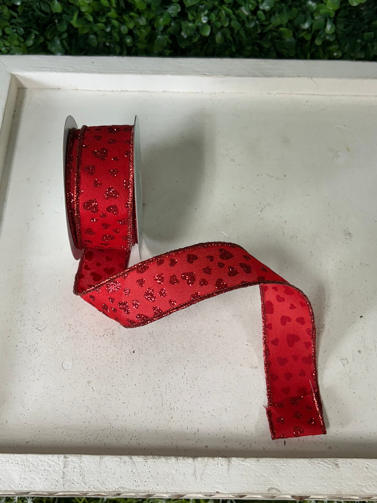 1.5 Inch By 10 Yard Red Glitter Mini Heart Ribbon