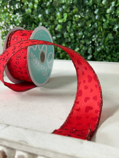1.5 Inch By 10 Yard Red Glitter Mini Heart Ribbon