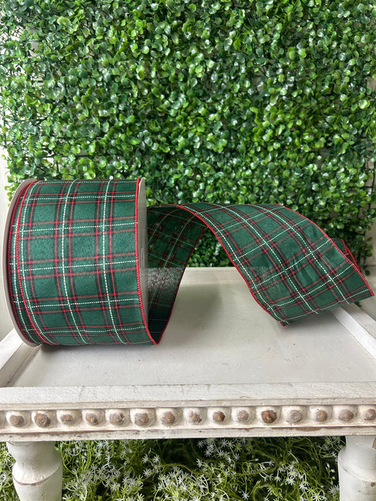 4 Inch By 50 Yard Emerald Red Black And White Woven Plaid Ribbon