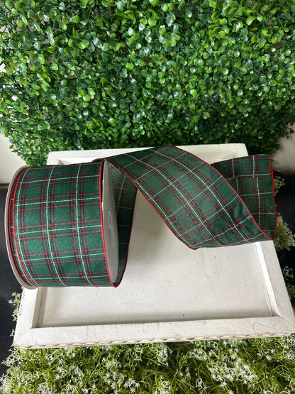 4 Inch By 50 Yard Emerald Red Black And White Woven Plaid Ribbon