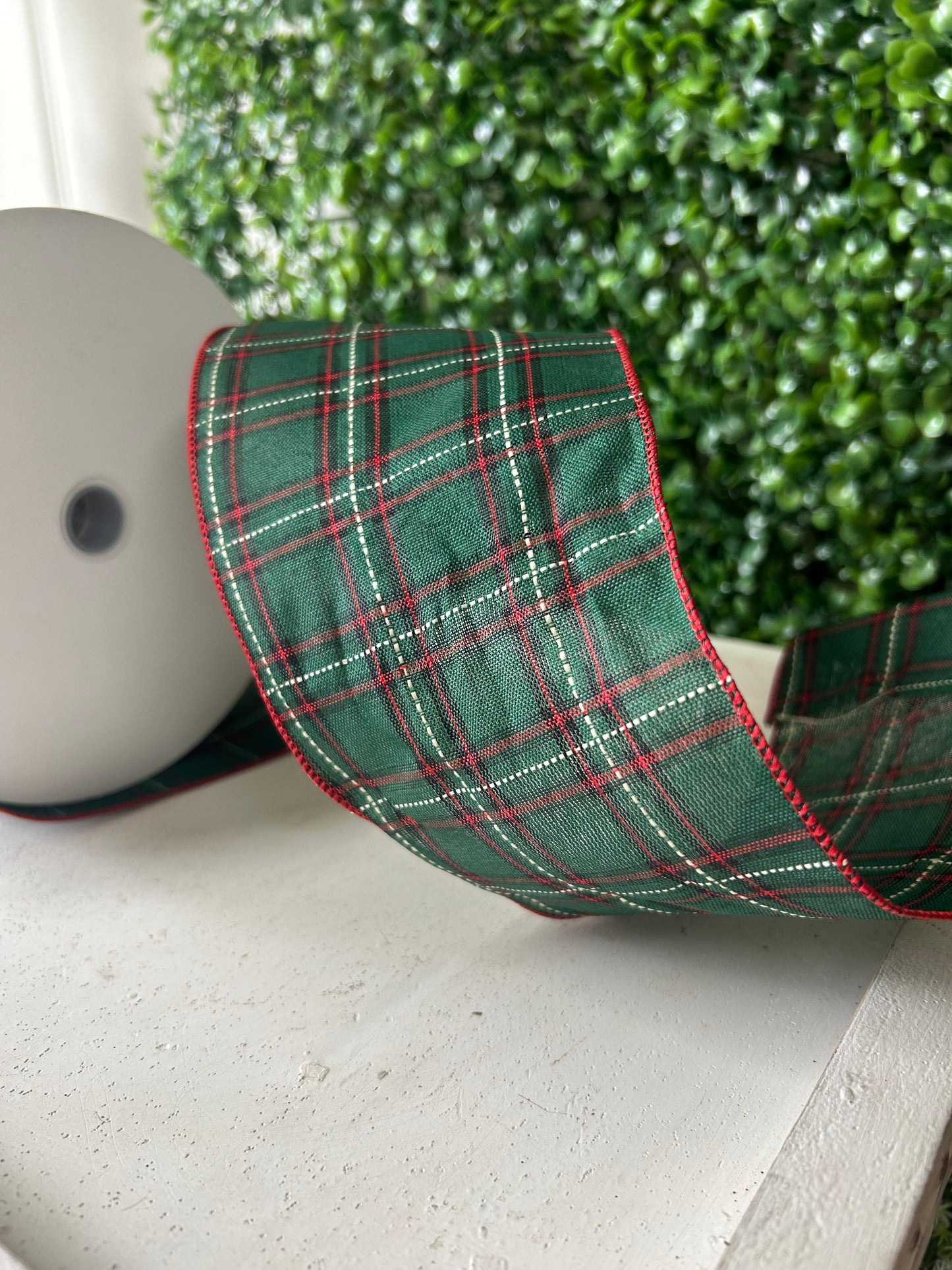 4 Inch By 50 Yard Emerald Red Black And White Woven Plaid Ribbon