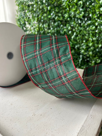 4 Inch By 50 Yard Emerald Red Black And White Woven Plaid Ribbon