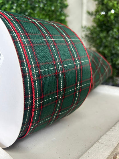 4 Inch By 50 Yard Emerald Red Black And White Woven Plaid Ribbon