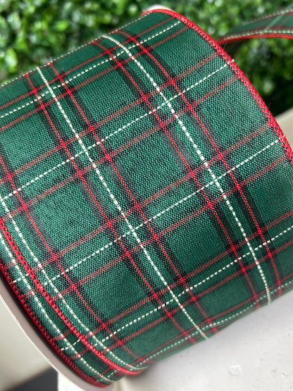 4 Inch By 50 Yard Emerald Red Black And White Woven Plaid Ribbon
