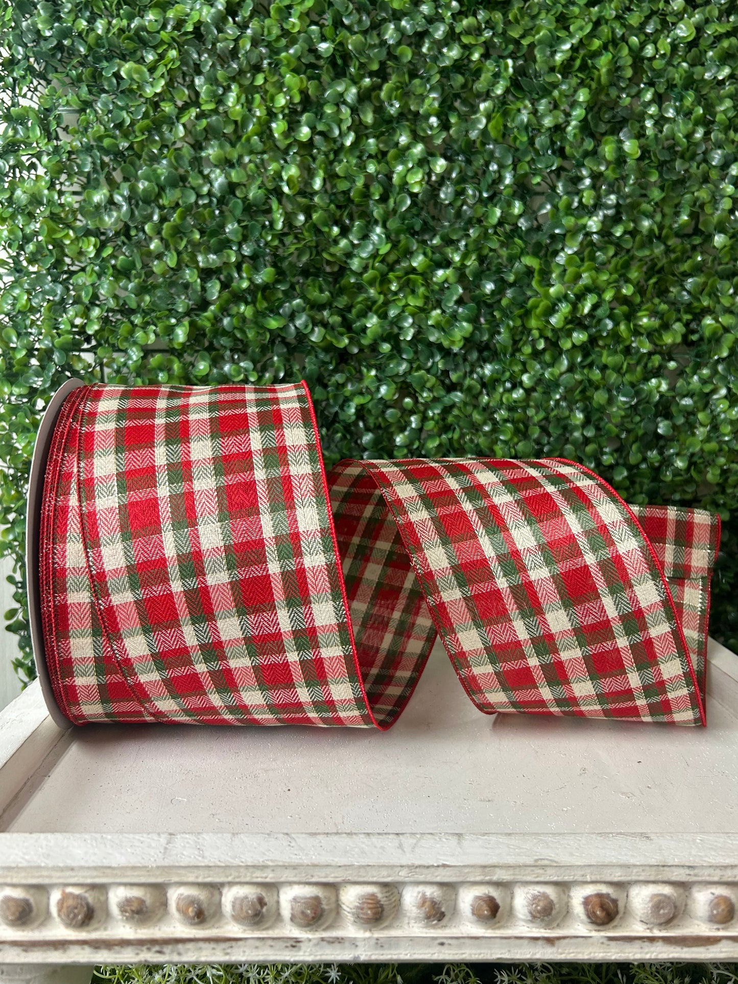 4 Inch By 50 Yard Red Green Ivory And Gold Woven Plaid With Metallic Ribbon