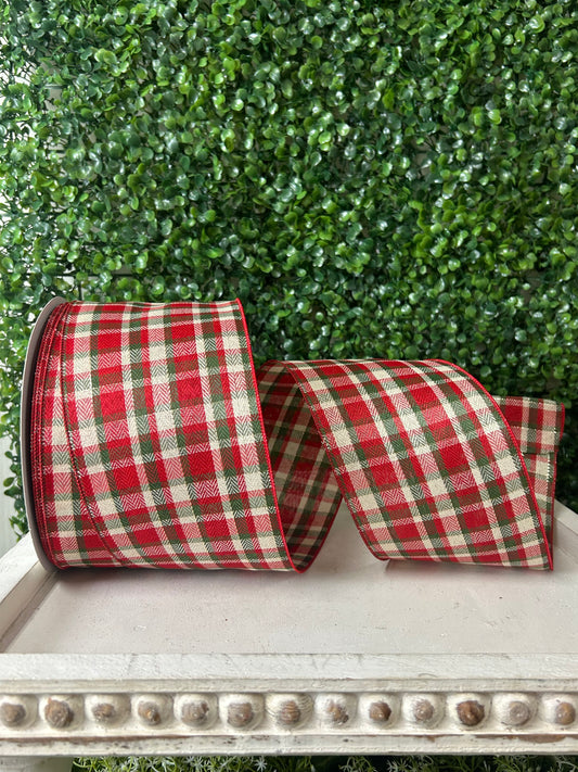 4 Inch By 50 Yard Red Green Ivory And Gold Woven Plaid With Metallic Ribbon