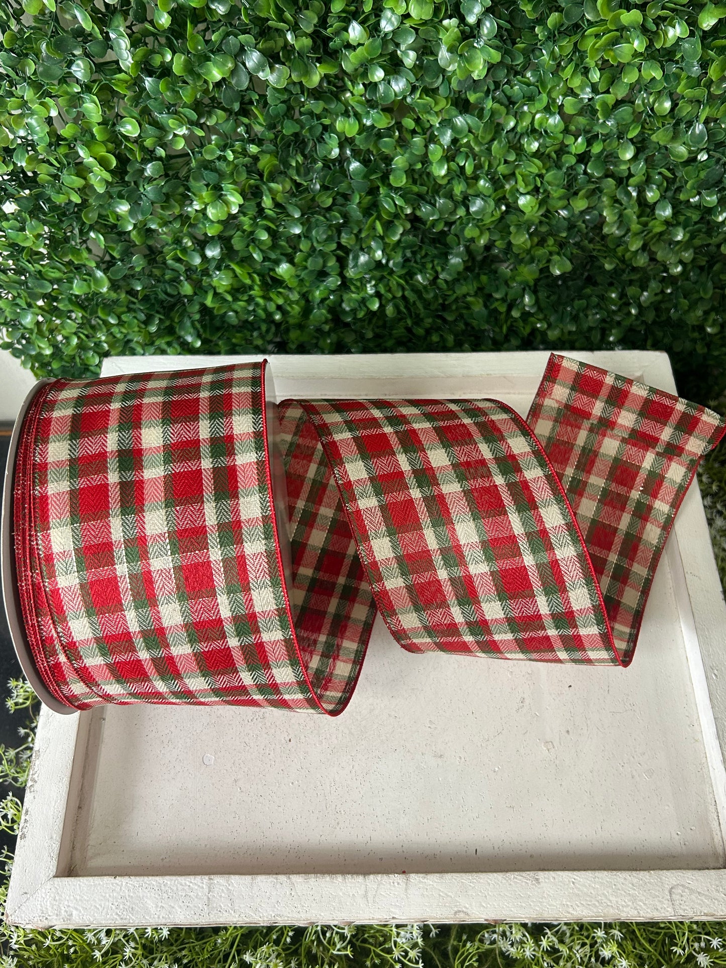4 Inch By 50 Yard Red Green Ivory And Gold Woven Plaid With Metallic Ribbon